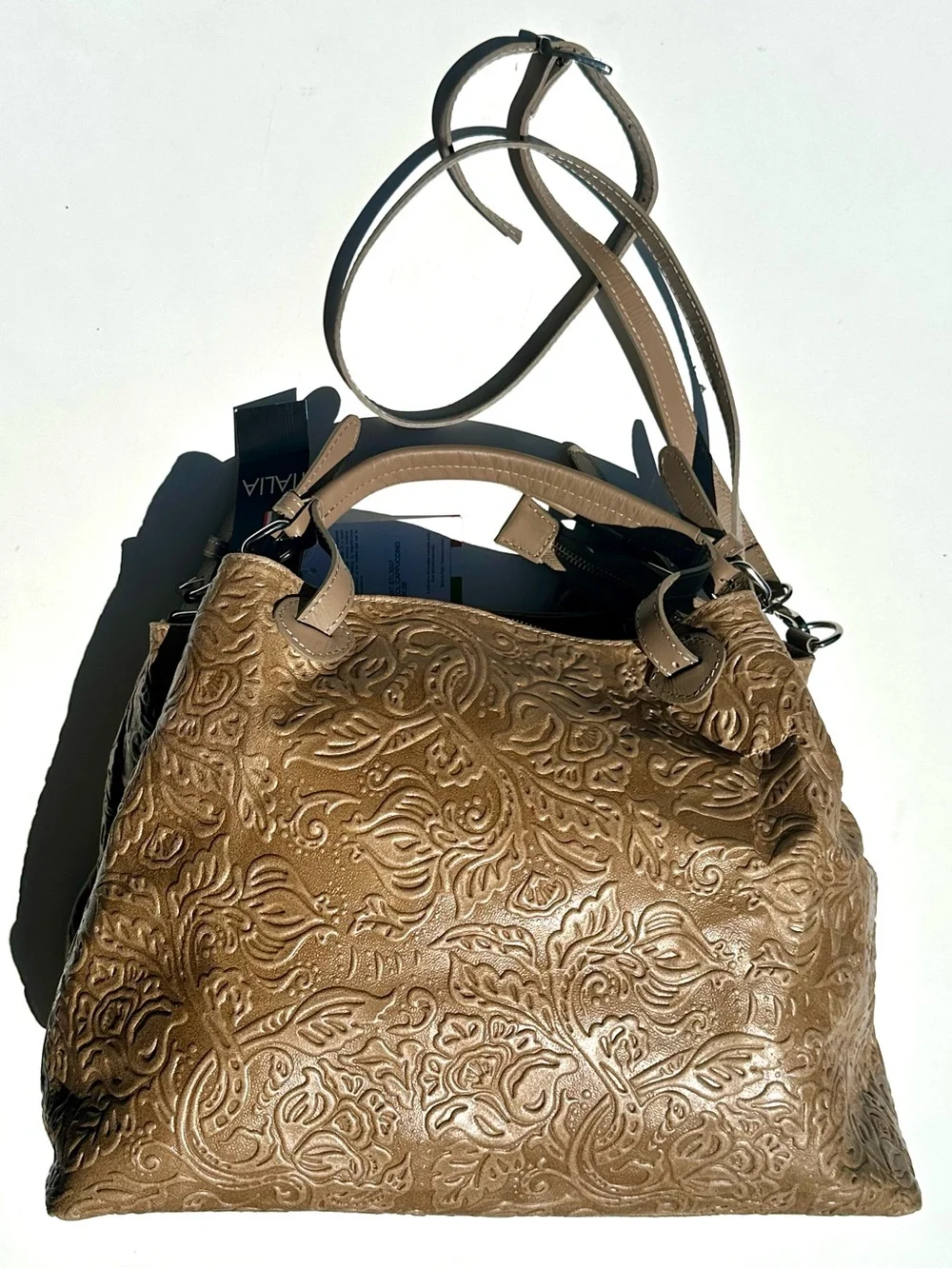 NWT Isadora Italy Tooled Genuine Leather Large Satchel Bag in Tan